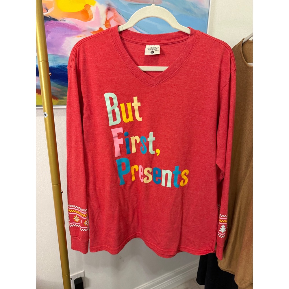 Jadelynn Brooke Red But First Presents Christmas Graphic Long Sleeve Tee M